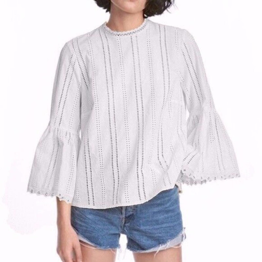H&M Eyelet Peasant Top White Bell Sleeves Boho Womens 100% Cotton Size 8